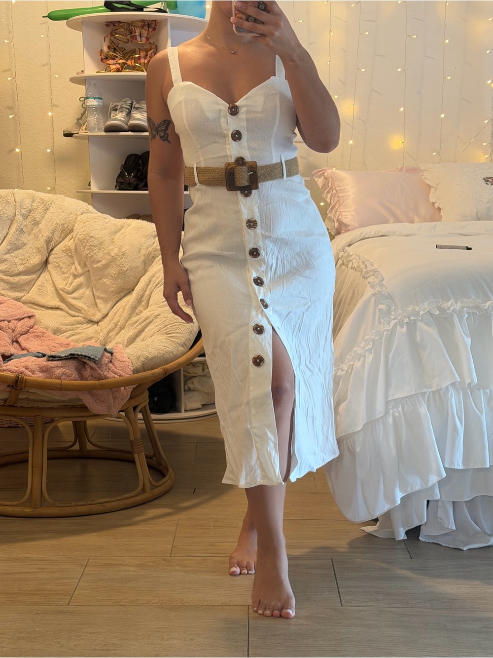 Forever 21 White Button-Front Midi Dress with Woven Belt